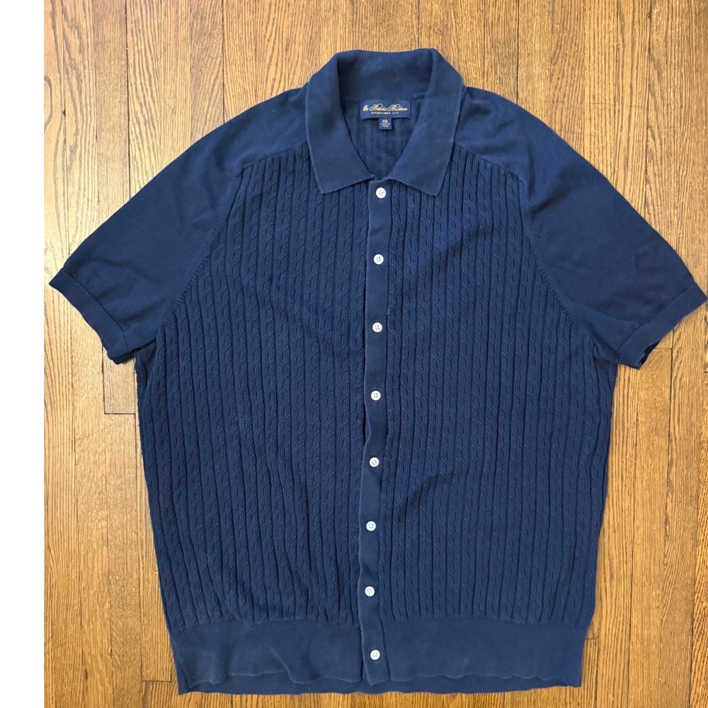 Brooks Brothers Mens XXL Navy Blue Cable Knit Cotton Short Sleeve Cardigan Polo